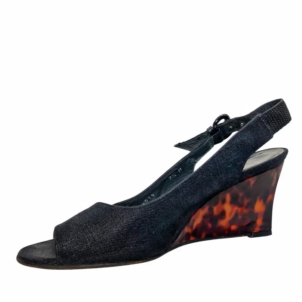 Vintage Stuart Weitzman Black Peep Toe Slingback Wedges Tortoise Resin Heels - Picture 4 of 16